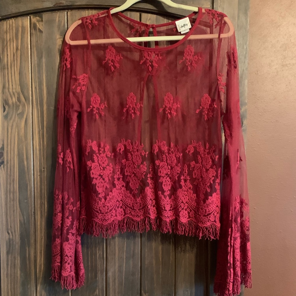 Sheer Daytrip long sleeve blouse. Maroon Medium.